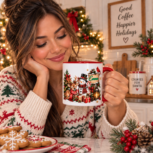 Personalized Christmas Mug, Custom Name Reindeer Mug, Snowman Holiday Coffee Cup, Christmas Gift