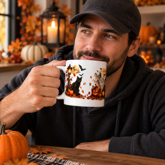Halloween Black Cat Mug, Spooky Ghost Coffee Cup, Pumpkin & Bat Mug, Gothic Halloween Gift