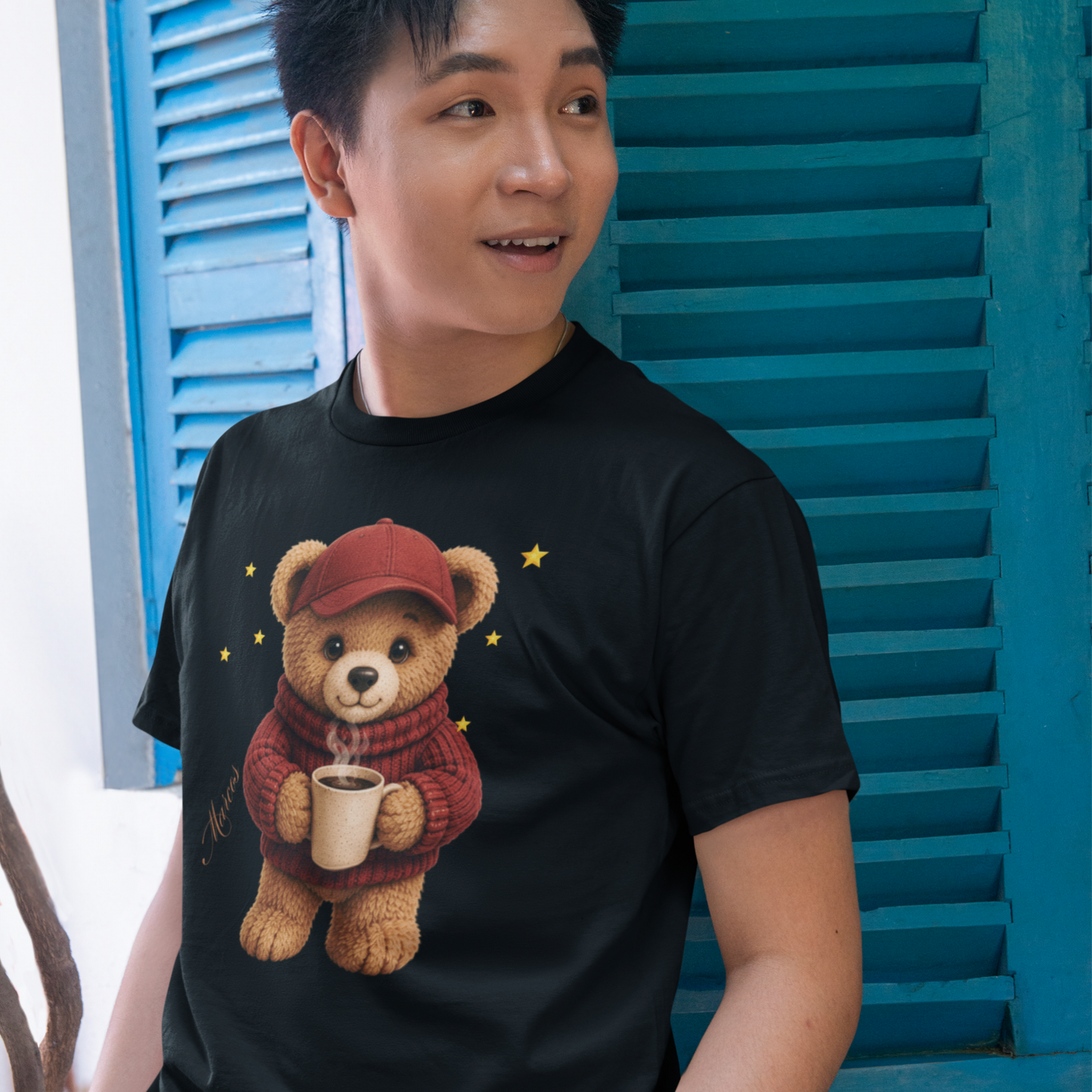 Personalized Teddy Bear Coffee Shirt with Custom Name, Cute Bear Gift, Teddy Bear in Cap T-Shirt
