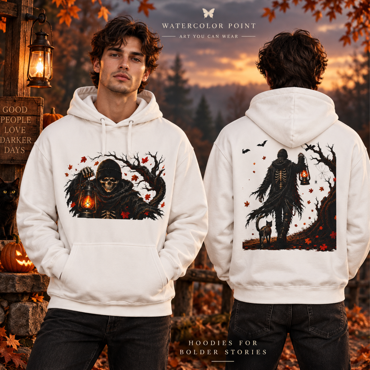 Skeleton Lantern Hoodie, Gothic Halloween Sweatshirt, Dark Fantasy Skeleton Cat Hoodie, Fall Graphic Hoodie