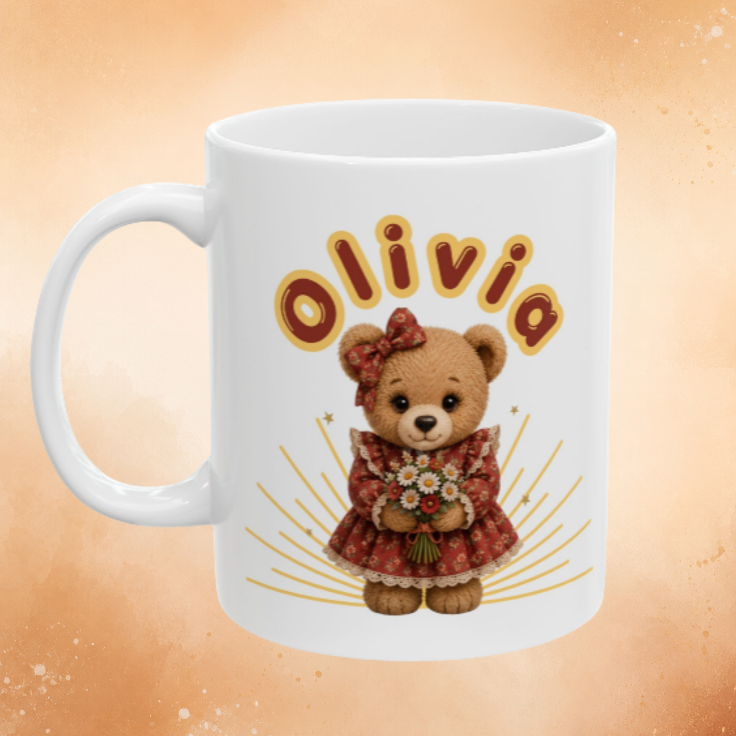 Personalized coffee mug with teddy bear | Mug with custom name | Cute Floral Bear Cup | Gift for her | Personalized ceramic coffee mug | Olivia Mug