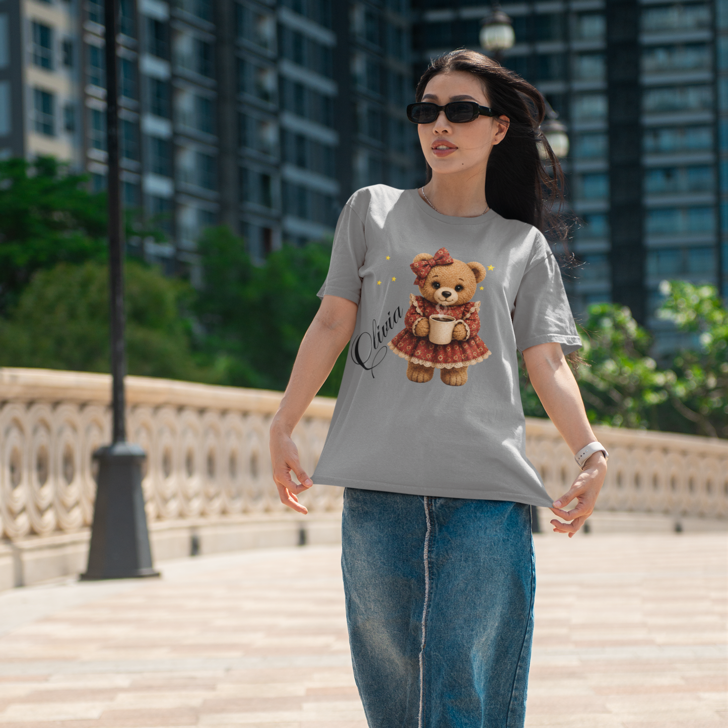 Personalized Teddy Bear Coffee Shirt with Custom Name, Cute Bear Gift, Floral Coffee Teddy Bear T-Shirt