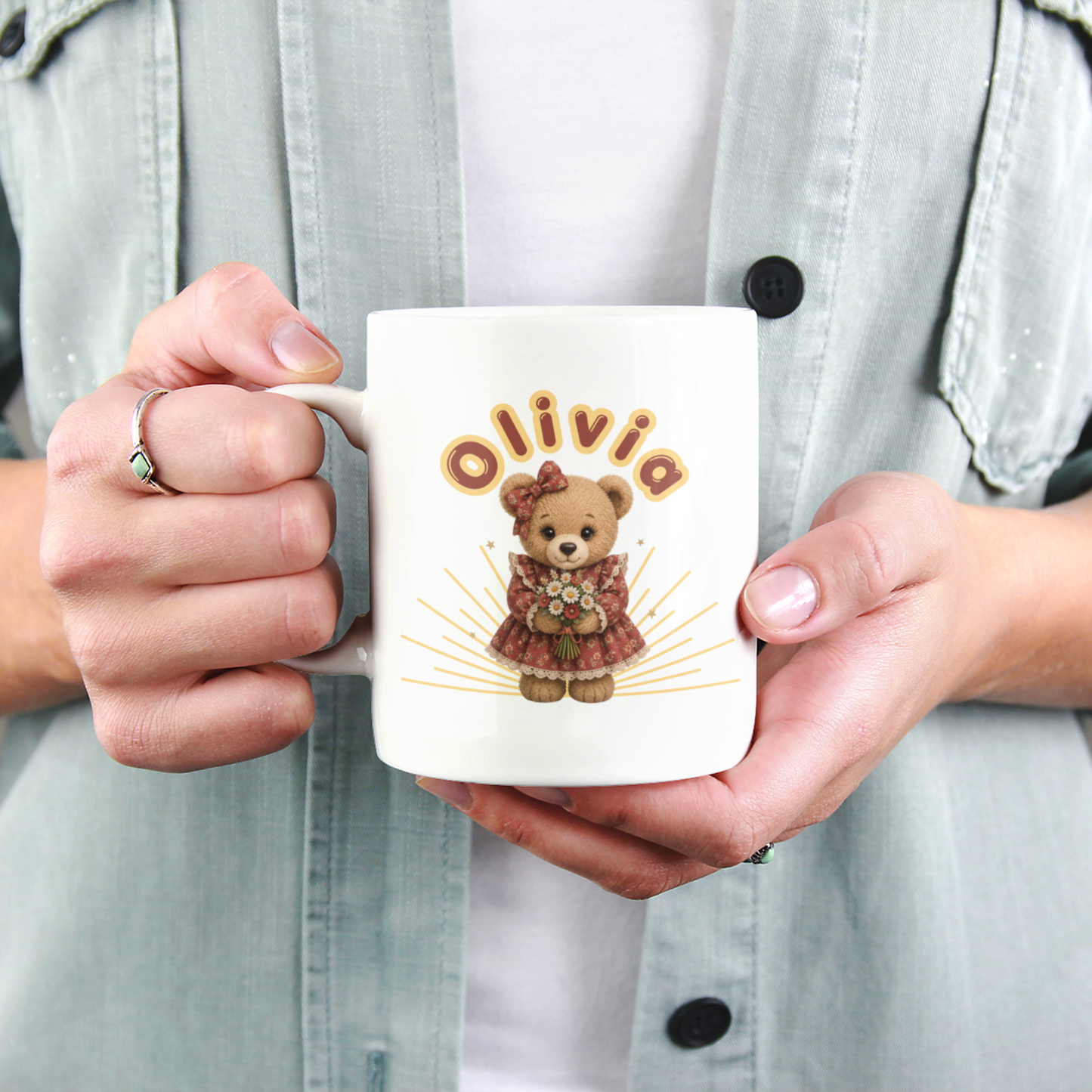 Personalized coffee mug with teddy bear | Mug with custom name | Cute Floral Bear Cup | Gift for her | Personalized ceramic coffee mug | Olivia Mug
