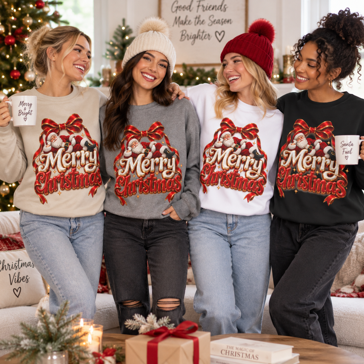 Merry Christmas Sweatshirt, Santa Claus Crewneck, Christmas Bow Sweater, Festive Holiday Sweatshirt, Christmas Gift