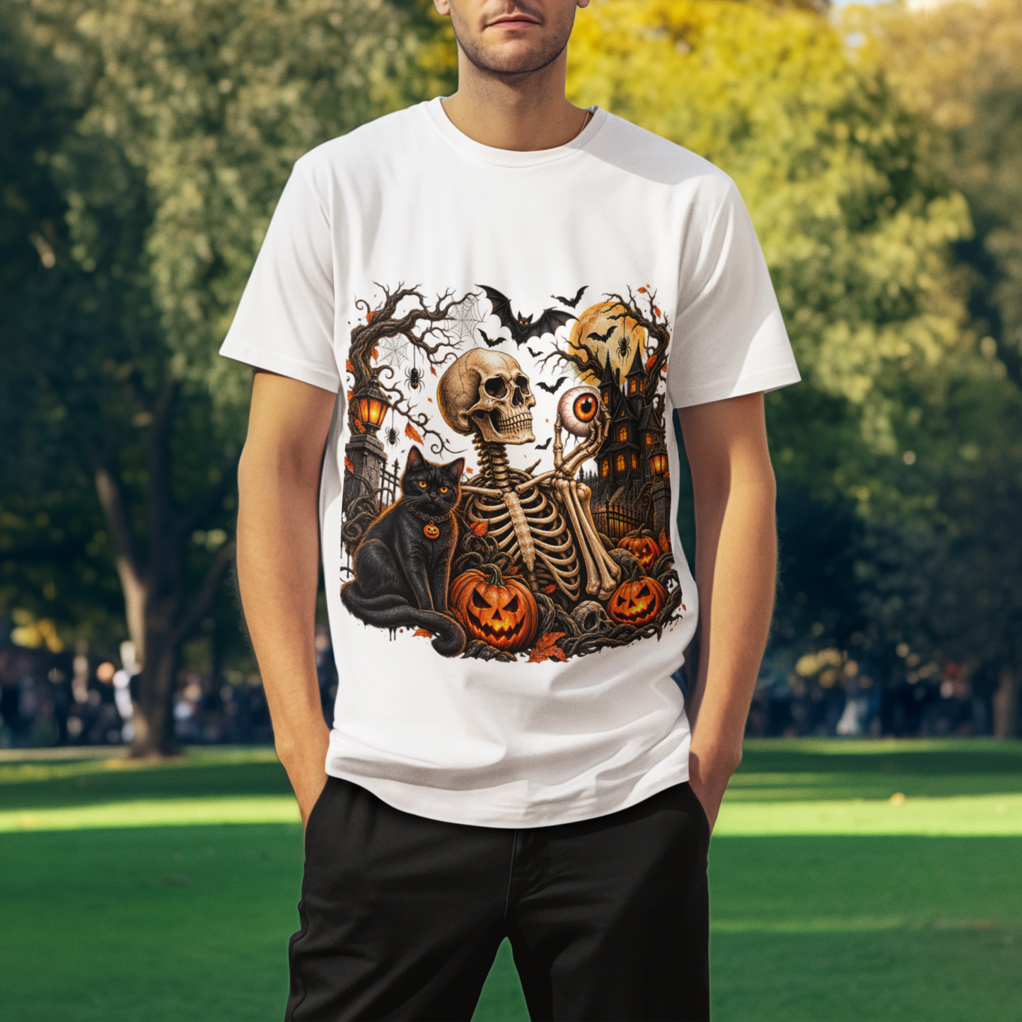 Gothic skeleton t-shirt with cat and black eyes | Spooky skull shirt | Haunted house Halloween t-shirt