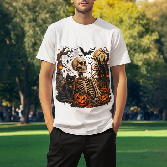 Gothic skeleton t-shirt with cat and black eyes | Spooky skull shirt | Haunted house Halloween t-shirt