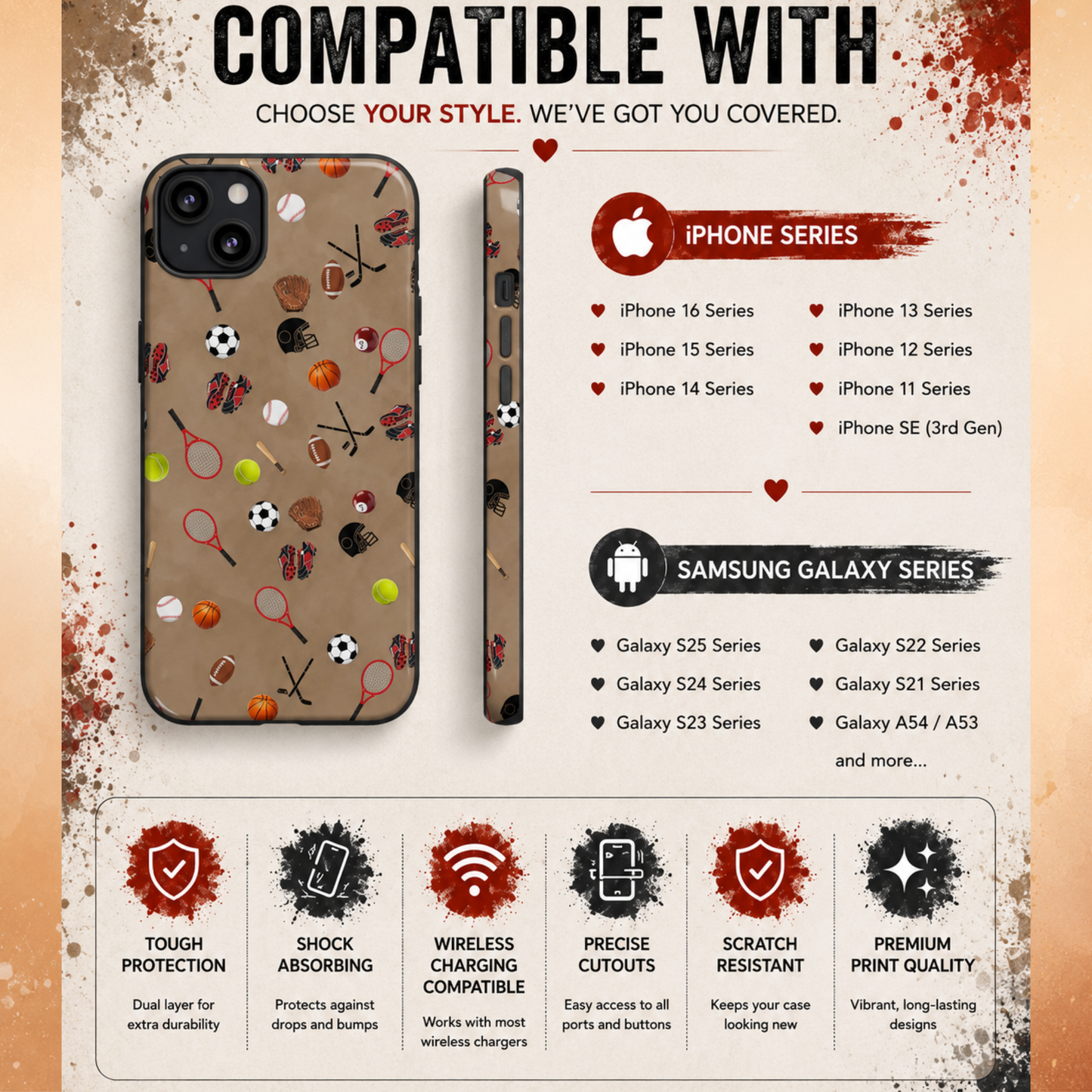 Sports Pattern Phone Case | Athletic iPhone & Samsung Tough Case | Soccer Baseball Basketball Tennis Football Design | Sports Lover Gift