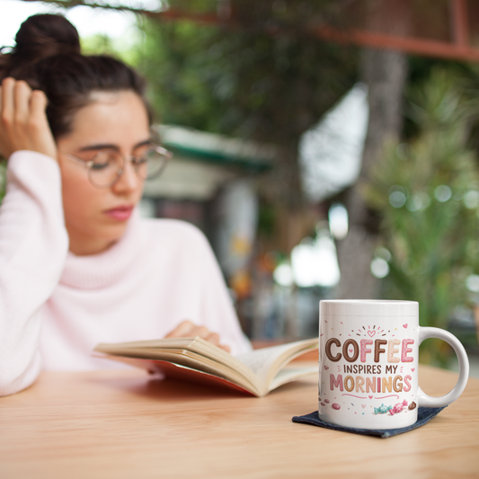 Coffee inspires my morning cup, donut-shaped coffee mug, adorable gift for coffee, cup of colorful treats