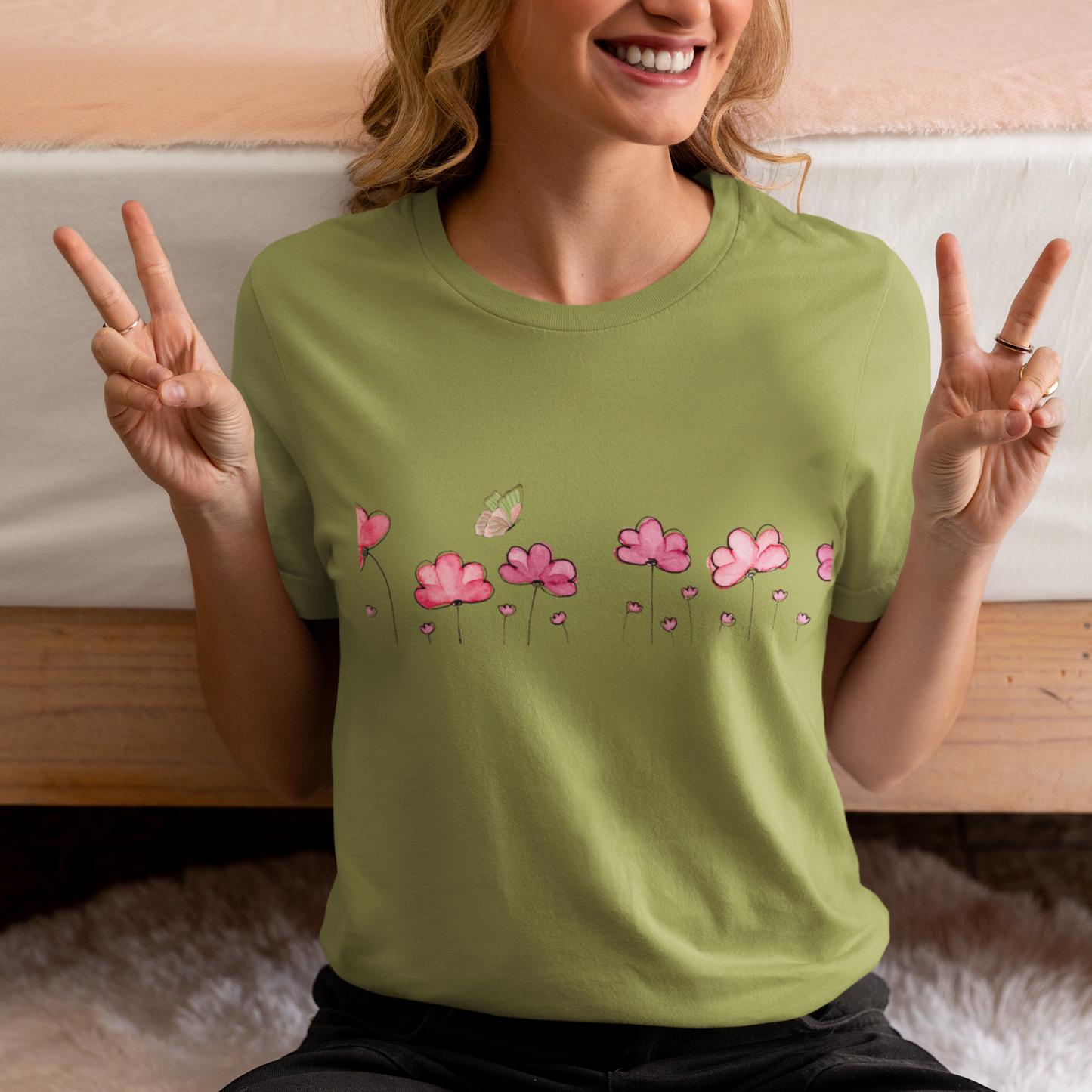 Floral butterfly T-shirt, botanical flower T-shirt, gift for nature lovers, spring T-shirt for women