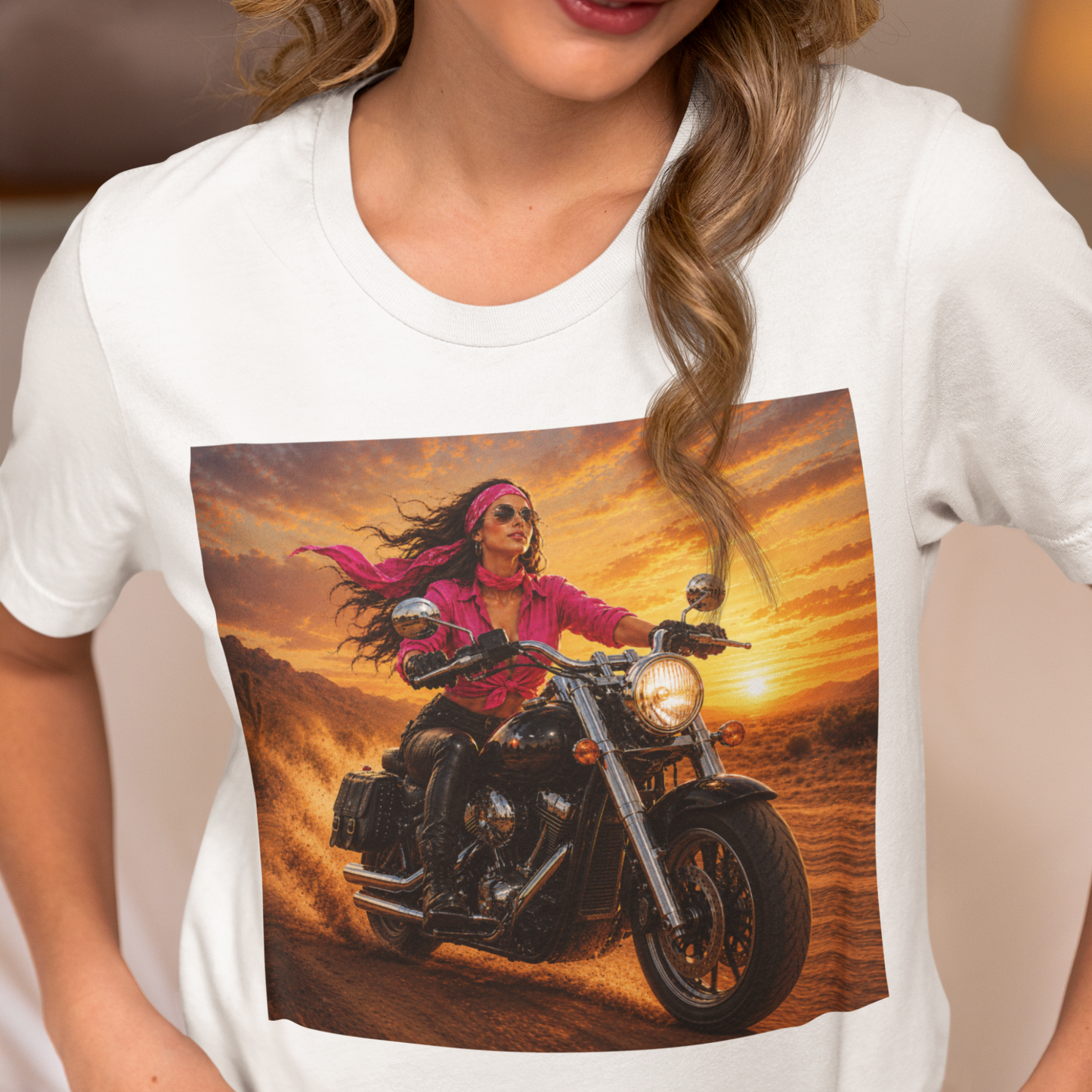 Sunset Freedom Motorcycle Shirt | Women Biker Tee | Pink Bandana Rider | Cruiser Motorcycle Graphic | Motorcycle Lover Gift