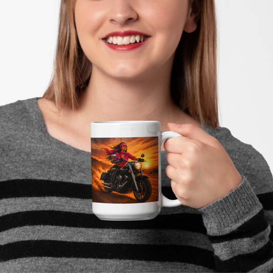Sunset Motorcycle Mug | Women Biker Coffee Mug | Cruiser Motorcycle Gift | Motorcycle Lover Cup | Pink Bandana Rider