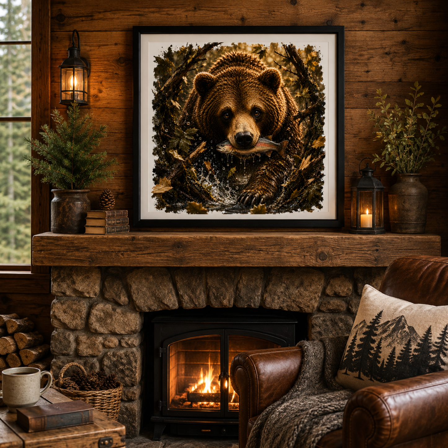 Fishing Teddy Bear Printable, Square Bear Wall Art, Woodland Digital Download, Rustic Cabin & Nursery Decor