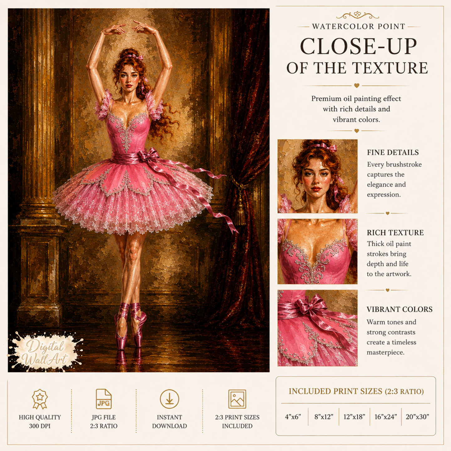 Pink Ballerina Wall Art Printable | Ballet Dancer Oil Painting | Digital Download