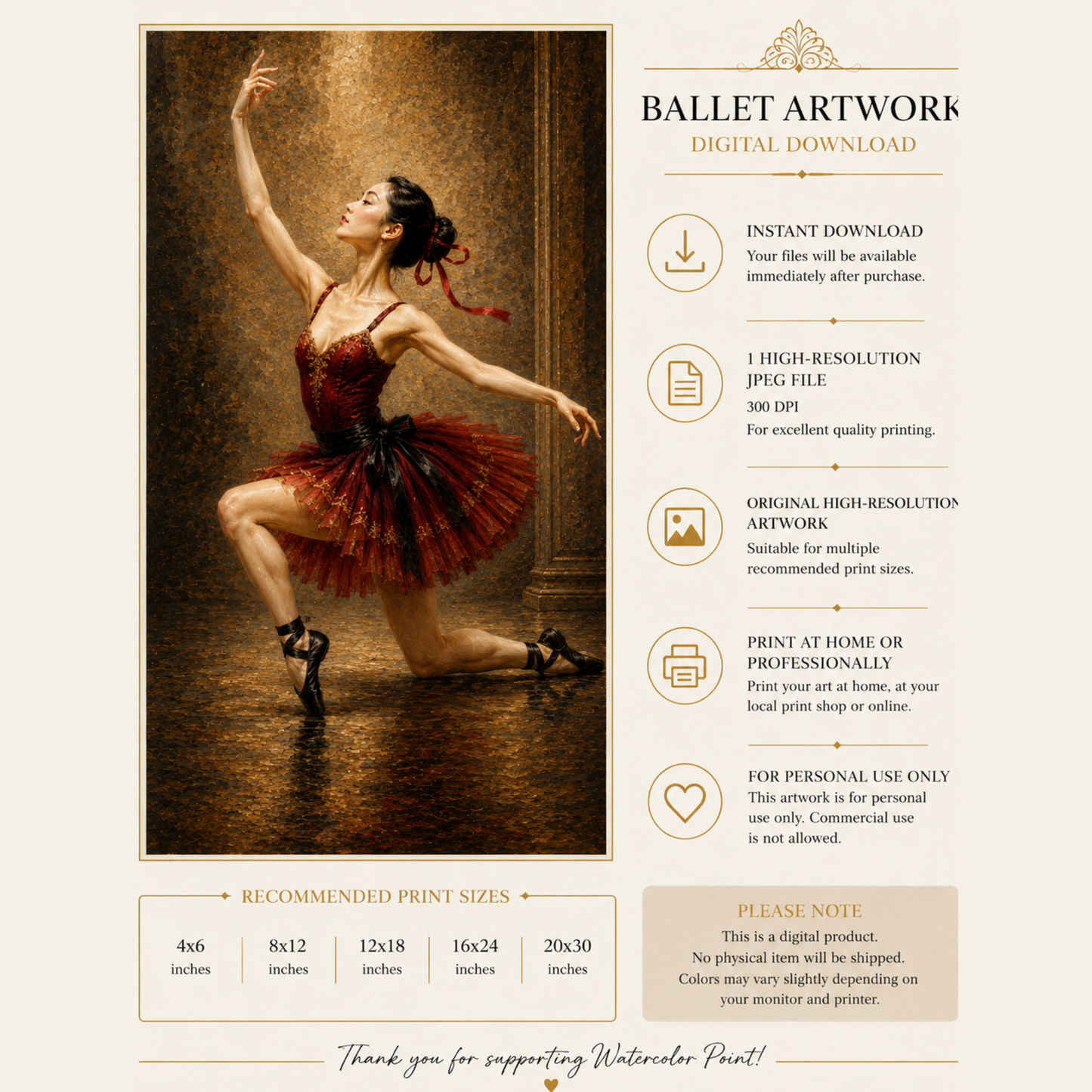 Asian Ballerina Oil Painting | Instant Digital Download | Printable Wall Art | Ballet Decor