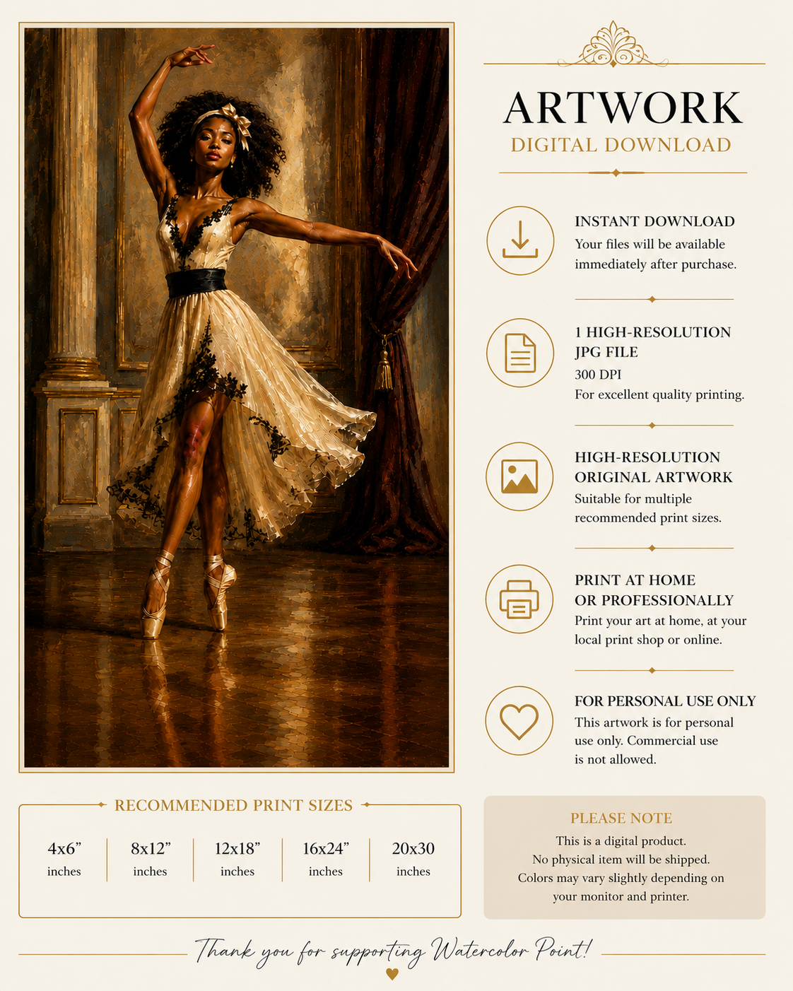 Black Ballerina Oil Painting | Instant Digital Download | Printable Wall Art