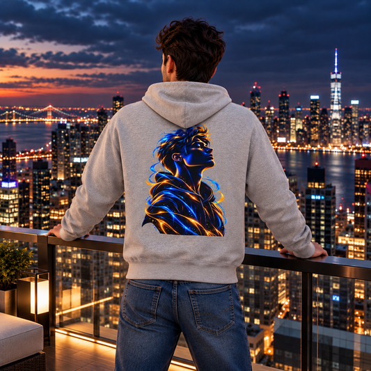 Men's Neon Silhouette Zip-Up Hoodie | Electric Blue & Gold Graphic Streetwear Sweatshirt